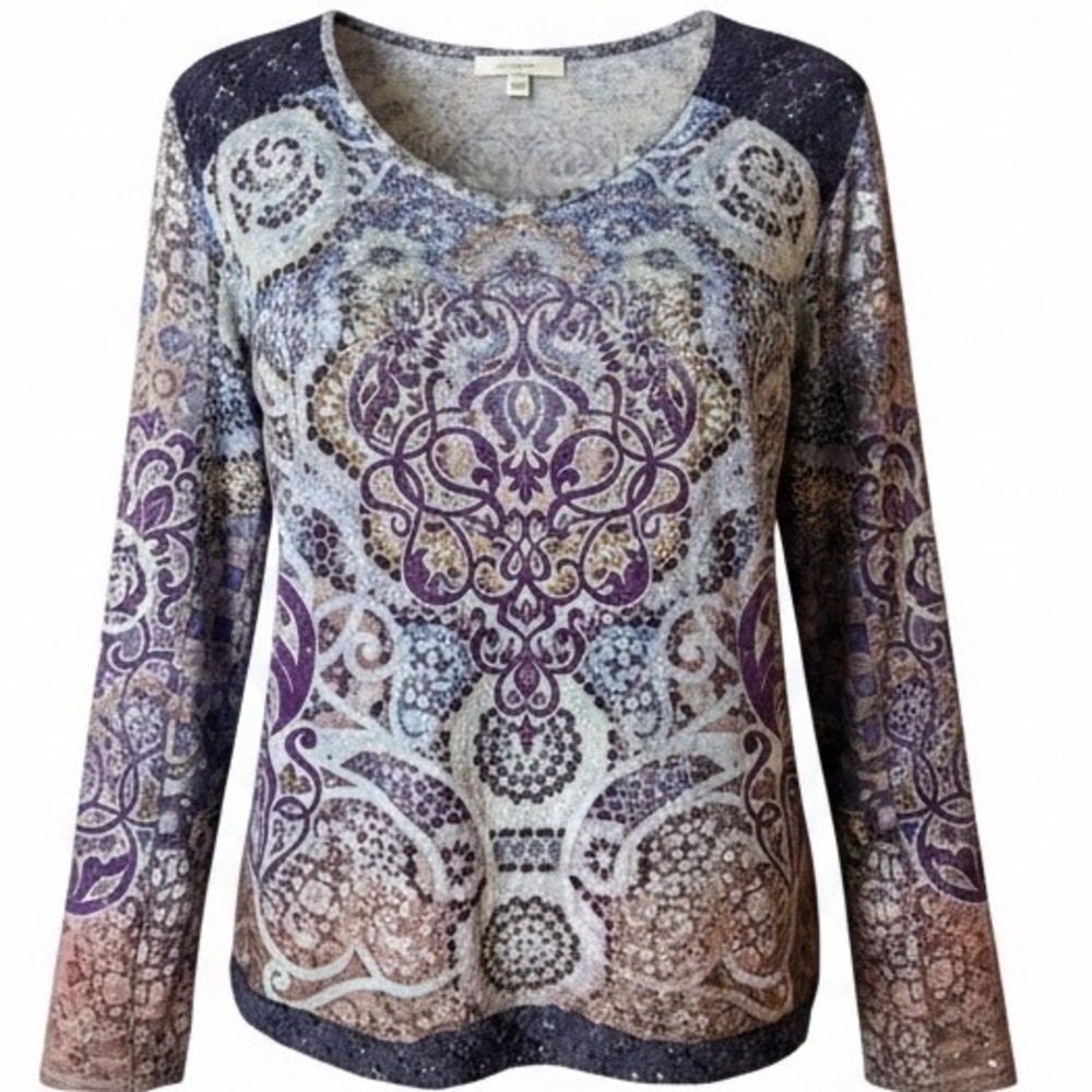 Energe World Wear Women Purple Paisley Boho Lace Trim V-Neck Tunic Top Large